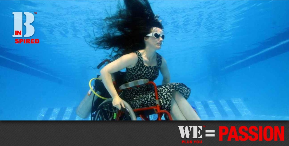 Be Informed_Links and Resources_Culture and Media_We Plus You Equal Passion_photo of woman in a Summer dress floating underwater in a pool with a wheelchair and scuba tanks