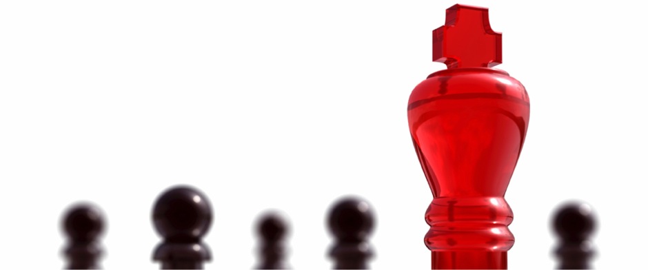 Be Involved_Professional Fellowships_photo of red lucite king chess piece with 5 out of focus black pawns against a white background