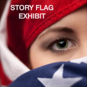 Woman's face with green eyes wrapped by American flag burcah