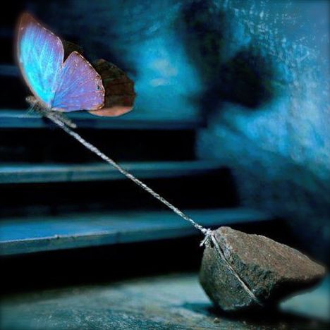 About_Supporters_photo illustration of a butterfly pulling a rock up a flight of stairs