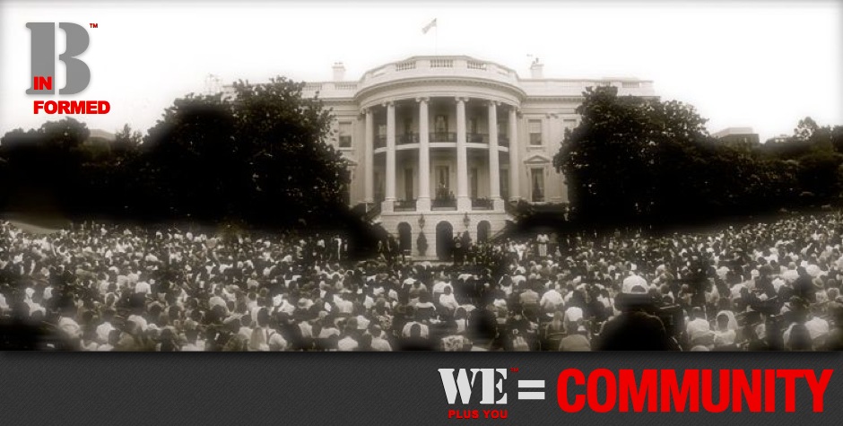 Links and Resources_Be Informed_ We Plus You Equals Community_photo of thousands of disability advocates on the south lawn of the white house celebrating the signing of the Americans with Disabilities Act of 1990