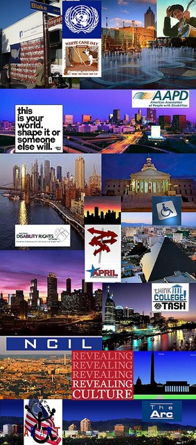 Be Involved_Story Flag Exhibit_photo montage of disability organization logos with photos of story flag and city skylines