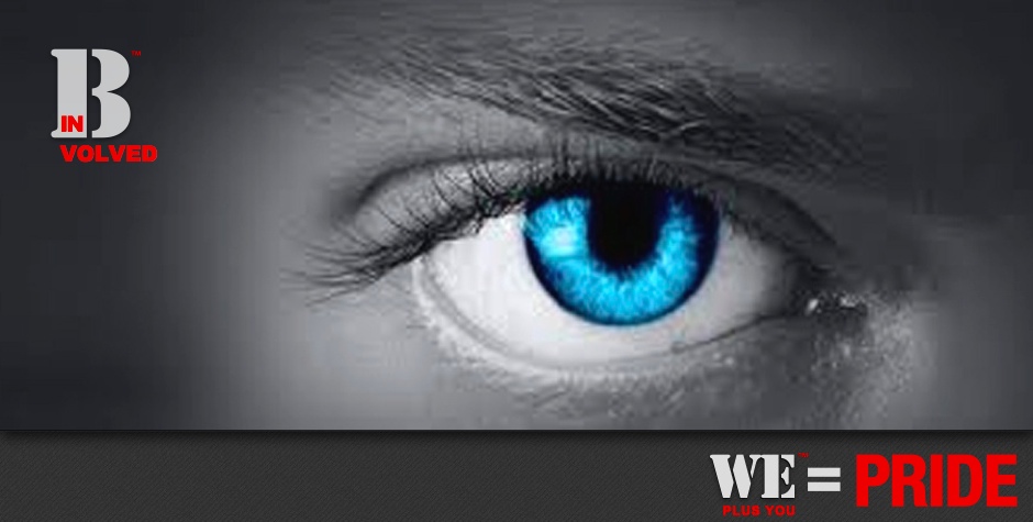 Be Involved_Volunteer_We Plus You Equals Pride_black and white photo of a woman's eye colored blue