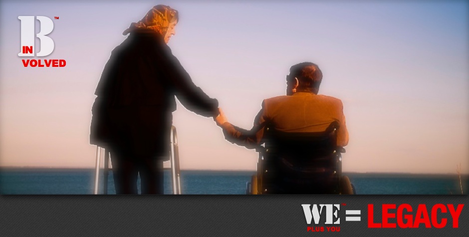 Be Involved_You Tube and Beyond_We Plus You Equals Legacy_photo of elderly couple with a woman with a walker and a man with sitting in a wheelchair holding hands looking out into the ocean at dusk.