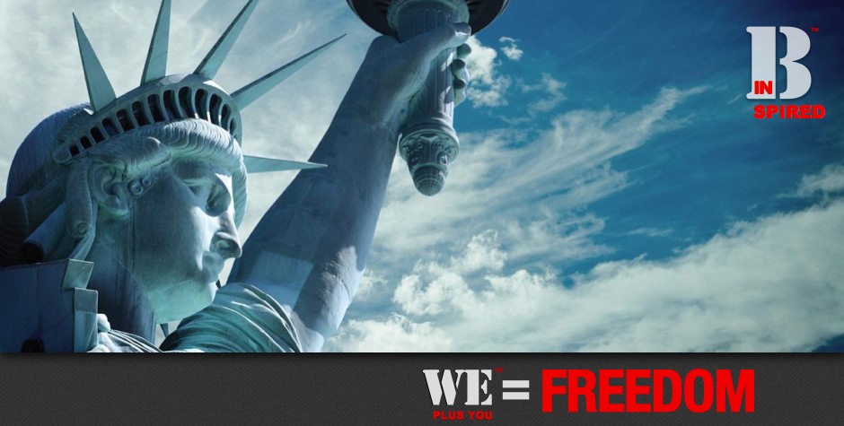 Donate_Be Inspired_We Plus You Equals Freedom_photo of Statue of Liberty face against a blue sky with wispy white clouds